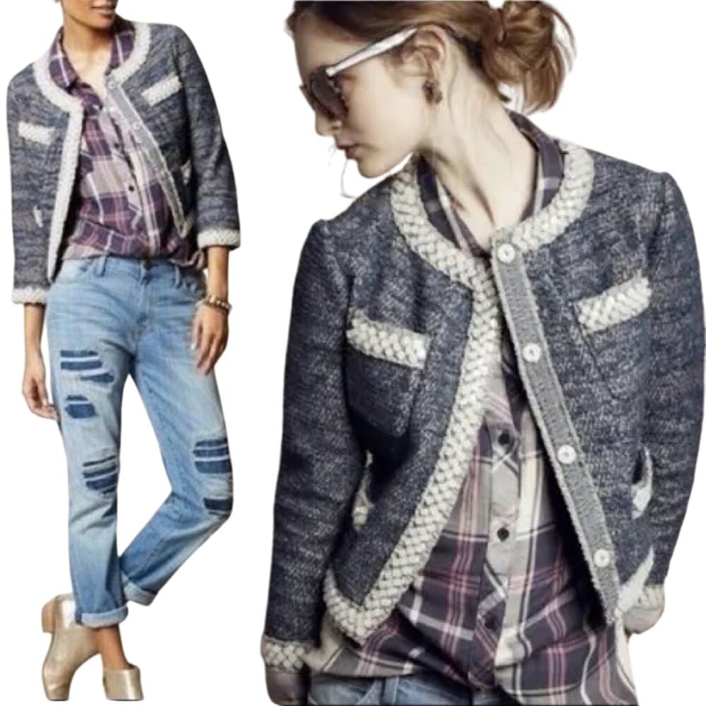 Anthropologie Isani Massey Tweed Blazer Beaded Trim Crop Lady Jacket Blue Small